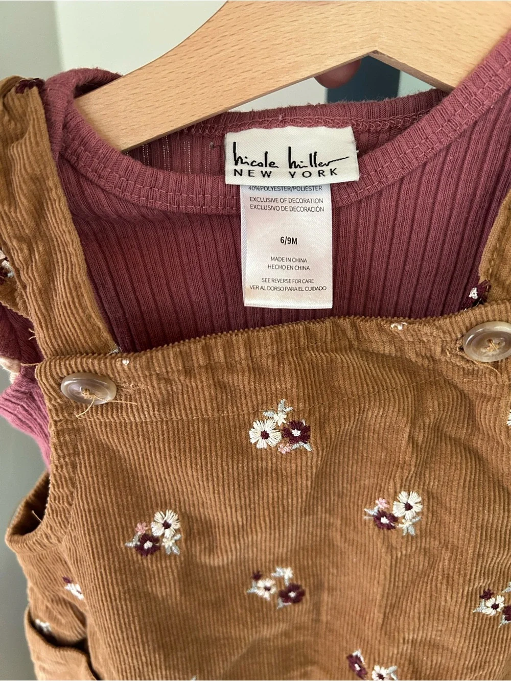 Kids Brown Corduroy Floral Pinafore Dress with onesie